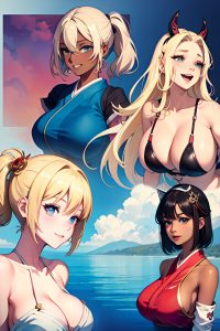 anime,skinny,huge boobs,40s age,laughing face,blonde,pixie hair style,dark skin,watercolor,club,side view,t-pose,geisha