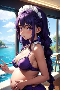 anime,pregnant,small tits,18 age,pouting lips face,purple hair,braided hair style,dark skin,painting,casino,back view,bathing,maid