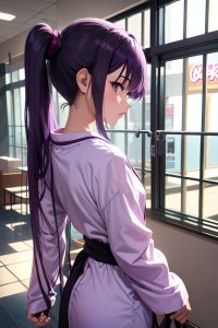 anime,skinny,small tits,40s age,sad face,purple hair,pigtails hair style,light skin,charcoal,mall,back view,working out,bathrobe