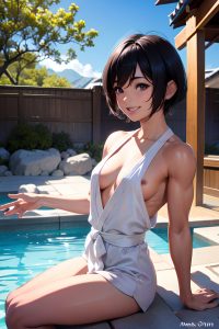 anime,muscular,small tits,30s age,laughing face,black hair,pixie hair style,light skin,film photo,onsen,front view,spreading legs,bathrobe