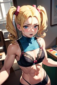 anime,muscular,small tits,30s age,shocked face,blonde,pigtails hair style,light skin,painting,hospital,front view,gaming,bra