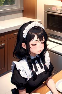 anime,busty,small tits,18 age,pouting lips face,black hair,braided hair style,light skin,charcoal,kitchen,front view,sleeping,maid