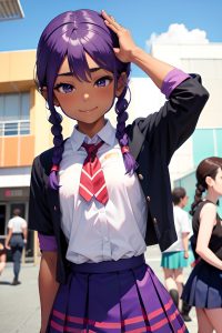 anime,muscular,small tits,30s age,happy face,purple hair,braided hair style,dark skin,crisp anime,party,close-up view,t-pose,schoolgirl