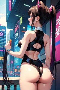 anime,busty,small tits,20s age,laughing face,brunette,pigtails hair style,dark skin,cyberpunk,oasis,back view,massage,goth