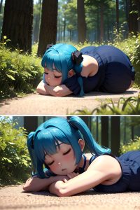 anime,chubby,small tits,70s age,seductive face,blue hair,pigtails hair style,dark skin,3d,forest,side view,sleeping,goth