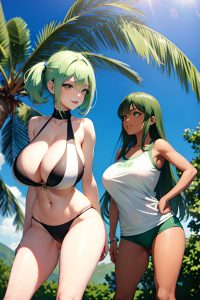 anime,skinny,huge boobs,60s age,laughing face,green hair,straight hair style,dark skin,comic,oasis,front view,working out,teacher