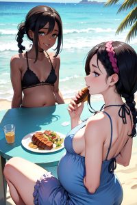 anime,pregnant,small tits,60s age,happy face,black hair,braided hair style,dark skin,vintage,beach,back view,eating,fishnet