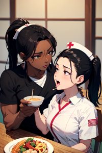 anime,muscular,small tits,40s age,orgasm face,black hair,ponytail hair style,dark skin,dark fantasy,yacht,front view,eating,nurse