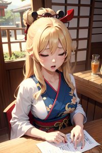 anime,busty,small tits,80s age,shocked face,blonde,messy hair style,light skin,3d,bar,front view,sleeping,geisha