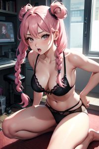 anime,busty,small tits,60s age,shocked face,pink hair,braided hair style,light skin,charcoal,gym,front view,gaming,lingerie