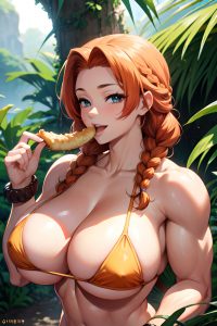 anime,muscular,huge boobs,20s age,happy face,ginger,braided hair style,light skin,warm anime,jungle,close-up view,eating,bikini