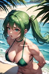 anime,muscular,huge boobs,40s age,shocked face,green hair,pigtails hair style,dark skin,watercolor,beach,back view,plank,nude