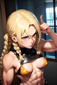 anime,muscular,small tits,50s age,serious face,blonde,braided hair style,light skin,comic,prison,close-up view,gaming,latex