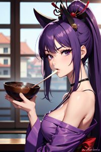 anime,skinny,small tits,60s age,serious face,purple hair,ponytail hair style,dark skin,soft + warm,prison,front view,eating,geisha