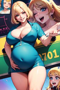 anime,pregnant,huge boobs,70s age,laughing face,blonde,pixie hair style,light skin,cyberpunk,casino,close-up view,plank,nurse