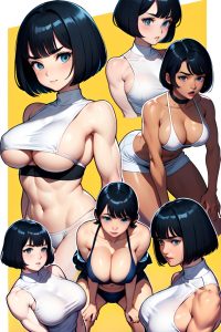anime,muscular,huge boobs,50s age,sad face,black hair,bobcut hair style,light skin,comic,strip club,front view,squatting,nurse
