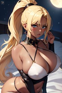 anime,busty,huge boobs,30s age,angry face,blonde,ponytail hair style,dark skin,soft + warm,moon,close-up view,on back,bra