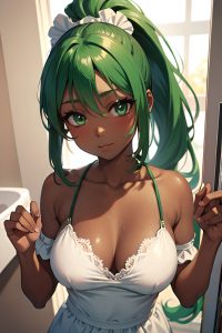 anime,busty,small tits,18 age,seductive face,green hair,ponytail hair style,dark skin,soft + warm,bathroom,close-up view,gaming,maid