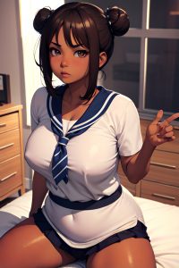 anime,chubby,small tits,70s age,serious face,brunette,hair bun hair style,dark skin,3d,bedroom,close-up view,spreading legs,schoolgirl