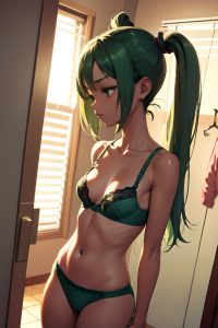 anime,skinny,small tits,20s age,serious face,green hair,pigtails hair style,dark skin,illustration,changing room,front view,sleeping,bra