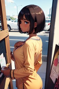 anime,busty,small tits,20s age,shocked face,brunette,bobcut hair style,dark skin,painting,club,side view,on back,pajamas