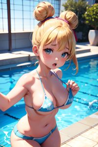 anime,chubby,small tits,80s age,shocked face,blonde,hair bun hair style,light skin,3d,pool,front view,massage,teacher