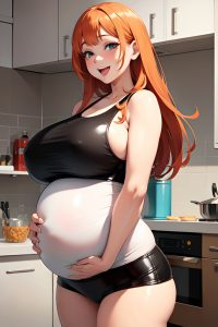 anime,pregnant,huge boobs,30s age,laughing face,ginger,bangs hair style,light skin,illustration,kitchen,front view,working out,latex