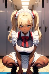 anime,skinny,huge boobs,18 age,orgasm face,blonde,pigtails hair style,dark skin,vintage,locker room,close-up view,squatting,maid