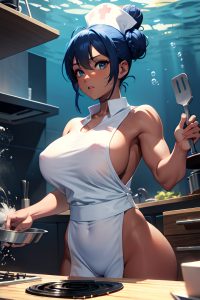 anime,muscular,huge boobs,40s age,shocked face,blue hair,hair bun hair style,dark skin,black and white,underwater,front view,cooking,nurse
