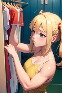 anime,muscular,small tits,70s age,sad face,blonde,pigtails hair style,light skin,warm anime,changing room,close-up view,sleeping,pajamas