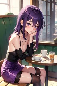 anime,skinny,small tits,30s age,sad face,purple hair,messy hair style,light skin,vintage,cafe,side view,bathing,stockings