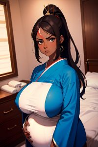 anime,pregnant,huge boobs,70s age,serious face,brunette,ponytail hair style,dark skin,cyberpunk,bedroom,close-up view,t-pose,geisha