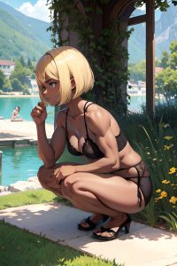 anime,muscular,small tits,20s age,angry face,blonde,bobcut hair style,dark skin,painting,lake,side view,squatting,lingerie