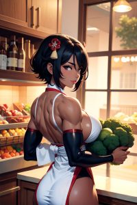 anime,muscular,huge boobs,20s age,happy face,black hair,pixie hair style,dark skin,vintage,grocery,back view,cooking,geisha