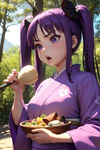 anime,chubby,small tits,60s age,angry face,purple hair,pigtails hair style,light skin,3d,forest,front view,eating,kimono