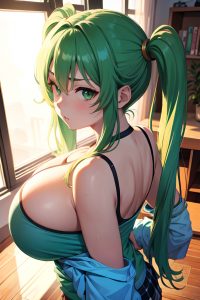 anime,busty,huge boobs,18 age,serious face,green hair,pigtails hair style,light skin,watercolor,bedroom,back view,eating,schoolgirl