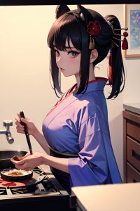 anime,busty,small tits,60s age,serious face,black hair,bangs hair style,dark skin,watercolor,oasis,front view,cooking,geisha