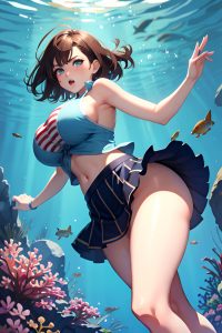 anime,busty,huge boobs,40s age,angry face,brunette,bobcut hair style,light skin,watercolor,underwater,back view,cumshot,mini skirt
