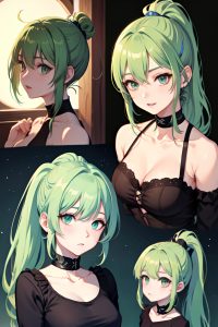 anime,skinny,small tits,40s age,shocked face,green hair,ponytail hair style,light skin,soft + warm,moon,close-up view,jumping,goth