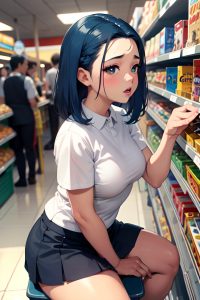 anime,chubby,small tits,50s age,orgasm face,blue hair,slicked hair style,dark skin,dark fantasy,grocery,side view,straddling,mini skirt