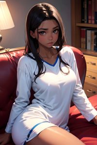 anime,skinny,huge boobs,18 age,pouting lips face,brunette,slicked hair style,dark skin,warm anime,couch,side view,straddling,pajamas