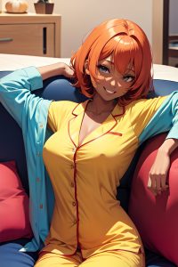 anime,skinny,huge boobs,20s age,happy face,ginger,pixie hair style,dark skin,warm anime,couch,front view,t-pose,pajamas