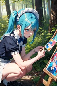 anime,skinny,small tits,60s age,angry face,blue hair,pigtails hair style,light skin,painting,forest,close-up view,squatting,maid