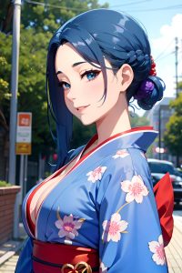 anime,busty,small tits,30s age,happy face,blue hair,slicked hair style,light skin,soft + warm,car,side view,cumshot,kimono