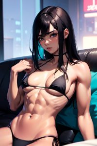 anime,muscular,small tits,20s age,sad face,black hair,straight hair style,dark skin,cyberpunk,couch,front view,massage,bikini