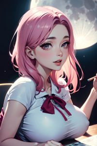 anime,skinny,huge boobs,60s age,happy face,pink hair,slicked hair style,light skin,painting,moon,close-up view,gaming,schoolgirl