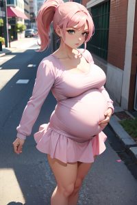 anime,pregnant,small tits,80s age,serious face,pink hair,ponytail hair style,light skin,soft + warm,street,front view,cumshot,mini skirt