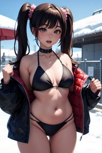 anime,chubby,small tits,70s age,ahegao face,brunette,pigtails hair style,dark skin,cyberpunk,snow,front view,t-pose,bikini