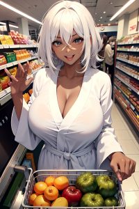 anime,skinny,huge boobs,60s age,laughing face,white hair,messy hair style,dark skin,soft + warm,grocery,front view,gaming,bathrobe