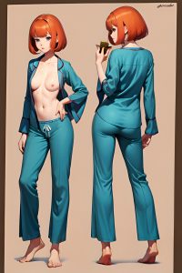 anime,skinny,small tits,60s age,seductive face,ginger,pixie hair style,dark skin,vintage,wedding,back view,eating,pajamas